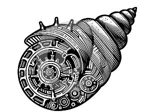 Sea shell with a complex mechanism. Hand drawing vintage style black. Vector, generative ai.