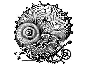 Sea shell with a complex mechanism. Hand drawing vintage style black. Vector, generative ai.