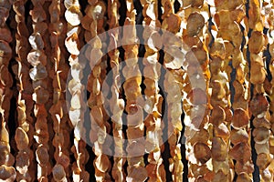 Sea shell hanging on bokeh background. The hanging curtains made of shells from city of piura peru are crafts produced by skilled
