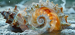 Sea shell has spiral structure like marine invertebrates in water photo