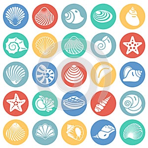 Sea Shell icons set on color circles background for graphic and web design. Simple vector sign. Internet concept symbol