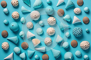 Sea shell pattern on blue background. Generative AI