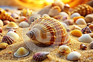 Sea shell on sand. Sea shells with sand as background