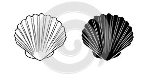 Sea shell, scallop vector illustration set. Seashell outline and silhouette icons