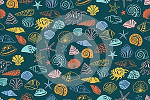 Sea shell sink seamless pattern exotic sea snail marine boundless background ocean repeat ornament photo