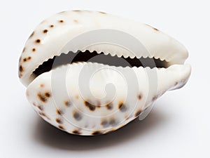 Sea shell, tiger cowrie, isolated on white background,view of the aperture side ventral face