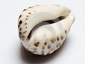 Sea shell, tiger cowrie, isolated on white background,view of the aperture side ventral face