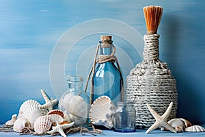 Sea Shells Blue Background, Seashells, Rope and Bottles Mockup in Rustic Style Texture, Wood