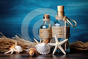 Sea Shells Blue Background, Seashells, Rope and Bottles Mockup in Rustic Style Texture, Wood