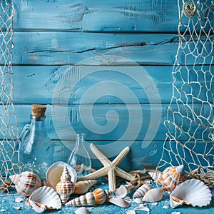 Sea Shells Blue Background, Seashells, Rope and Bottles Mockup in Rustic Style Texture, Wood