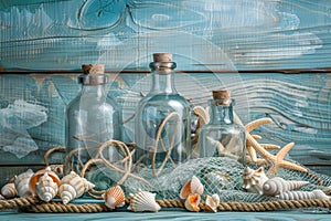 Sea Shells Blue Background, Seashells, Rope and Bottles Mockup in Rustic Style Texture, Wood