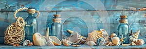 Sea Shells Blue Background, Seashells, Rope and Bottles Mockup in Rustic Style Texture, Wood