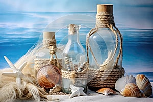 Sea Shells Blue Background, Seashells, Rope and Bottles Mockup in Rustic Style Texture, Wood