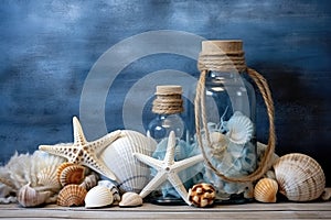 Sea Shells Blue Background, Seashells, Rope and Bottles Mockup in Rustic Style Texture, Wood