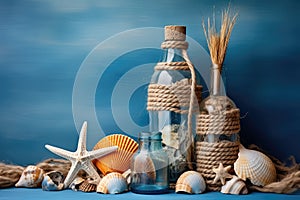 Sea Shells Blue Background, Seashells, Rope and Bottles Mockup in Rustic Style Texture, Wood