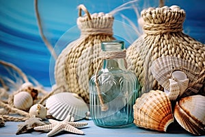 Sea Shells Blue Background, Seashells, Rope and Bottles Mockup in Rustic Style Texture, Wood