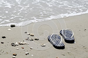 Sea shells and flip flops on sand. Summer beach background. Top