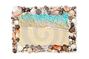 Sea shells frame white background isolated closeup seashells border, blue wave sand beach, summer holidays postcard, travel banner