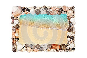 Sea shells frame white background isolated closeup seashells border, blue wave sand beach, summer holidays postcard, travel banner