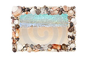 Sea shells frame white background isolated closeup seashells border, blue wave sand beach, summer holidays postcard, travel banner