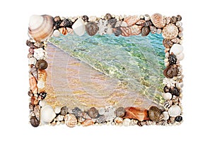 Sea shells frame white background isolated closeup seashells border, blue wave sand beach, summer holidays postcard, travel banner