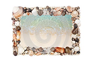 Sea shells frame white background isolated closeup seashells border, blue wave sand beach, summer holidays postcard, travel banner