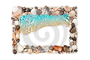 Sea shells frame white background isolated closeup seashells border, blue wave sand beach, turquoise water pattern, copy space