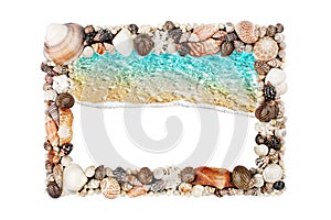 Sea shells frame white background isolated closeup seashells border, blue wave sand beach, turquoise water pattern, copy space