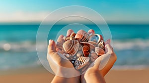 Sea shells in hands. Generative AI