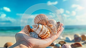 Sea shells in hands. Generative AI