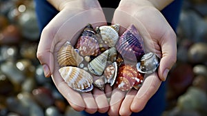 Sea shells in hands. Generative AI.