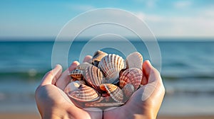 Sea shells in hands. Generative AI