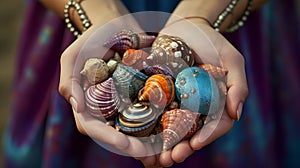 Sea shells in hands. Generative AI.