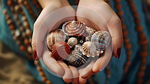 Sea shells in hands. Generative AI.