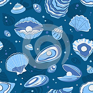 sea shells pattern. ocean starfish aquarium seashells collection, cartoon aquatic life spiral beach cockleshells. vector