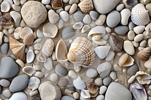 Sea shells and pebbles on the sand. Generated AI