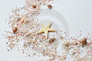 Sea shells and pink sand with a starfish on a white background