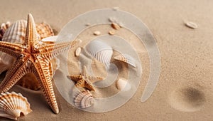 Sea shells with sand as background. Seashells and starfish.