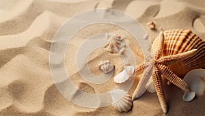 Sea shells with sand as background. Seashells and starfish.