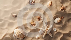 Sea shells with sand as background. Seashells and starfish.