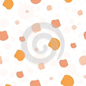 Sea shells on sand seamless vector pattern. Hand drawn line art. Monochrome scattered mussel repeat ocean bubble