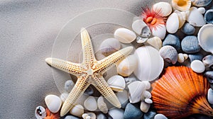 Sea shells on the sand. Starfish sea stones and seashells background.