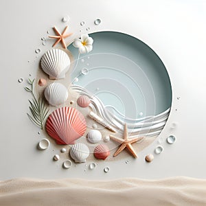 Sea shells and sand. Summer background. AI