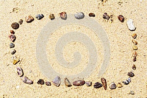 Sea shells on sand. Summer beach background. Top view Thailand