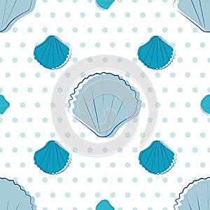 Sea shells on sand theme seamless vector pattern. Hand drawn line art. Mollusc repeat on polka dot backdrop. Aquatic