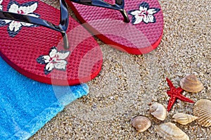 Sea shells with sandals and a towel