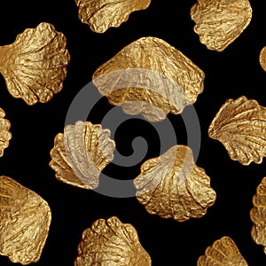 Sea shells seamless pattern. Hand painted gold background.