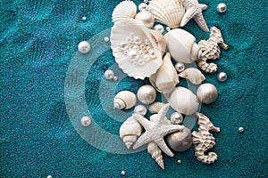 Sea shells and starfich on sand as background. Top view. Background for product presentation