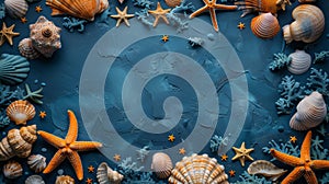 Sea Shells and Starfish on Blue Background