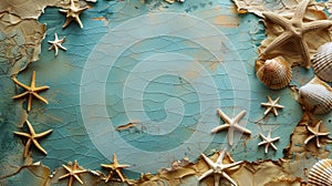 Sea Shells and Starfish on Blue Background